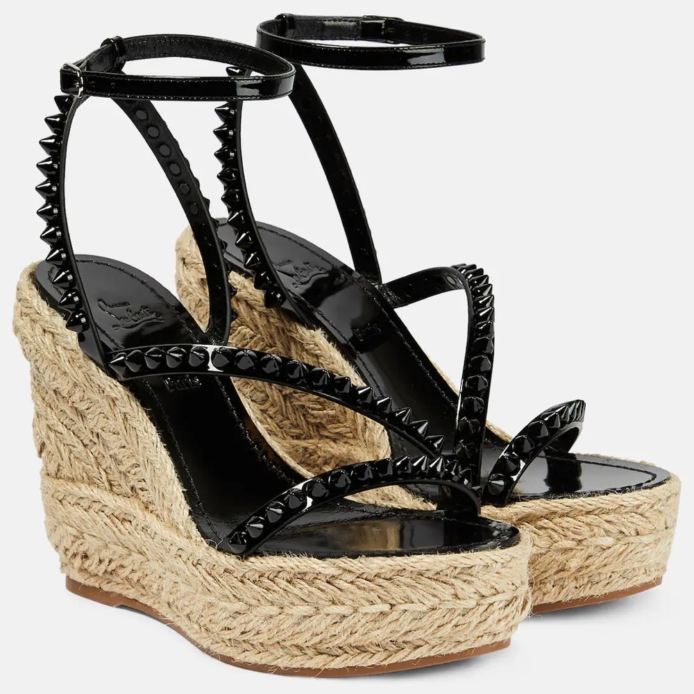 Christian Louboutin Black Patent Leather Espadrille Wedge Sandals